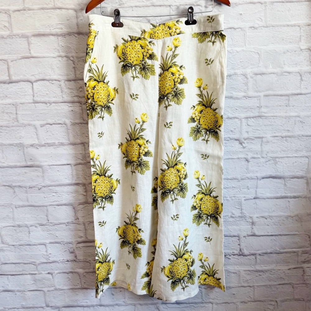 Tahari 100% Linen Wide Leg Elastic Waist Pineapple Floral Pants XL NWOT
